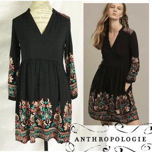 Anthropologie Avery Black Cocktail Dress with Floral Embroidery and Pockets